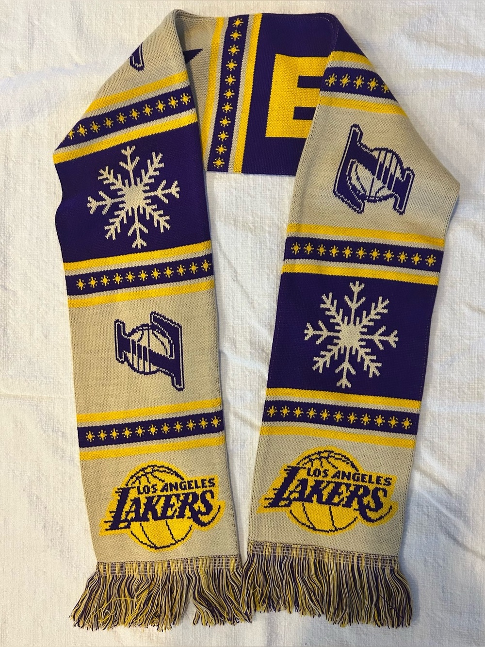 Vintage LA Lakers Knit Winter Scarf Purple Gold Cream Fringe Tassels NBA